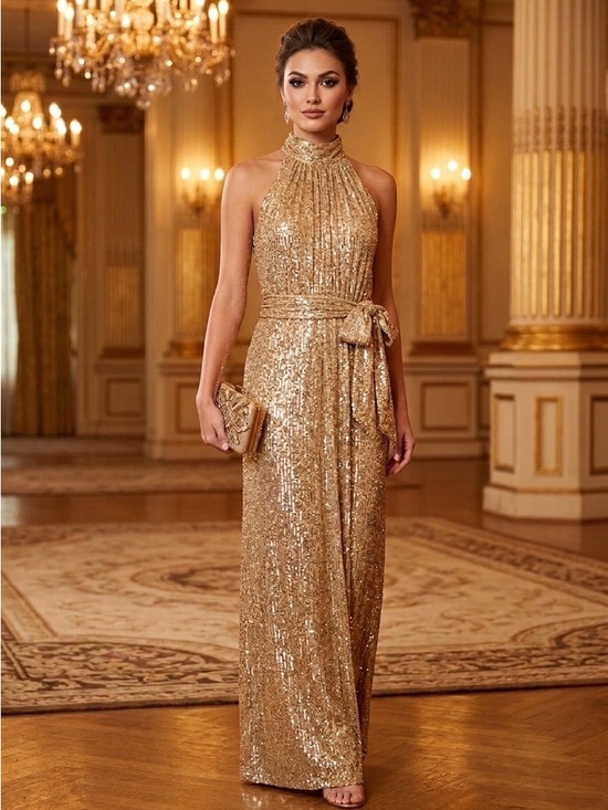 Mac Duggal Dresses & Skirts - MAC DUGGAL 11281 Gold Champagne Sequin Halter Neck Belted Soft Tie Maxi Dress 14
